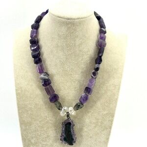 Amethyst Geode Slice Pendant Necklace Raw Crystal Beaded Statement Purple Boho